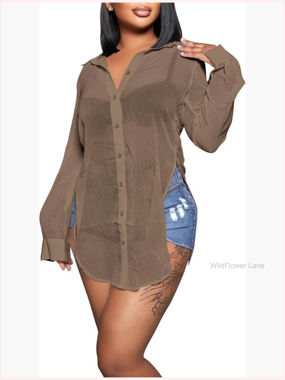 Sheer Button Up Blouse Long Sleeve Mesh See Through Shirt Sexy Top - Picture 1 of 3
